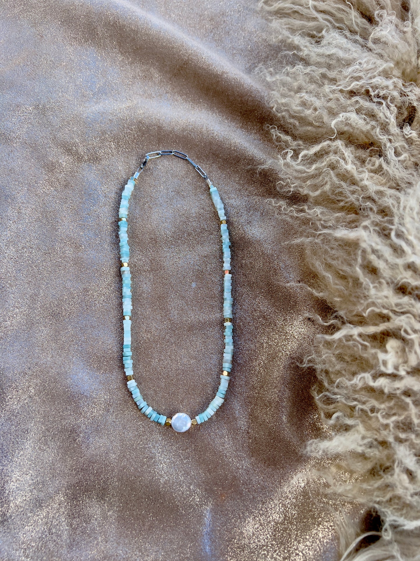 WHOLESALE - Amazonite, Coin Pearl and Gold Necklace