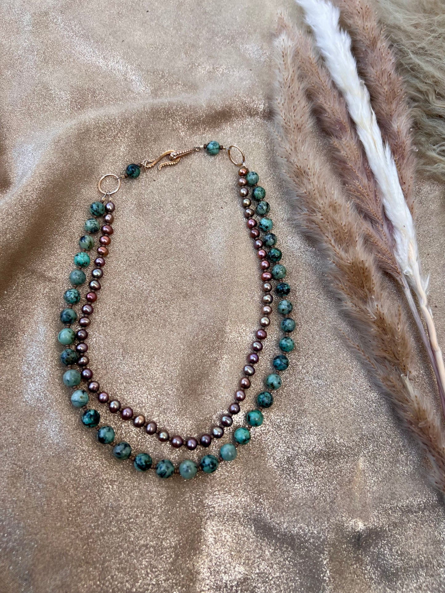 Two-Strand Turquoise and Pearl Necklace