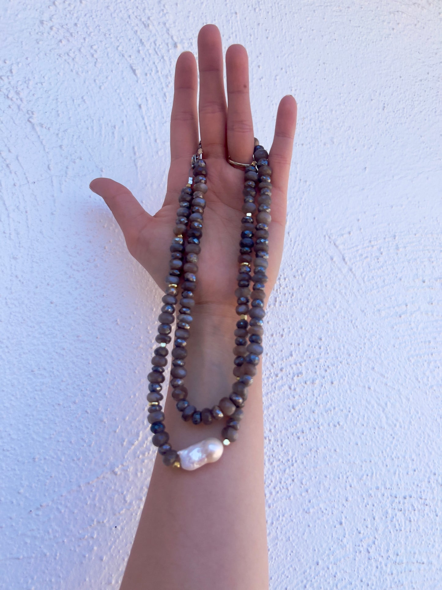 Brown Silverite & Moonstone and Baroque Pearl Necklace