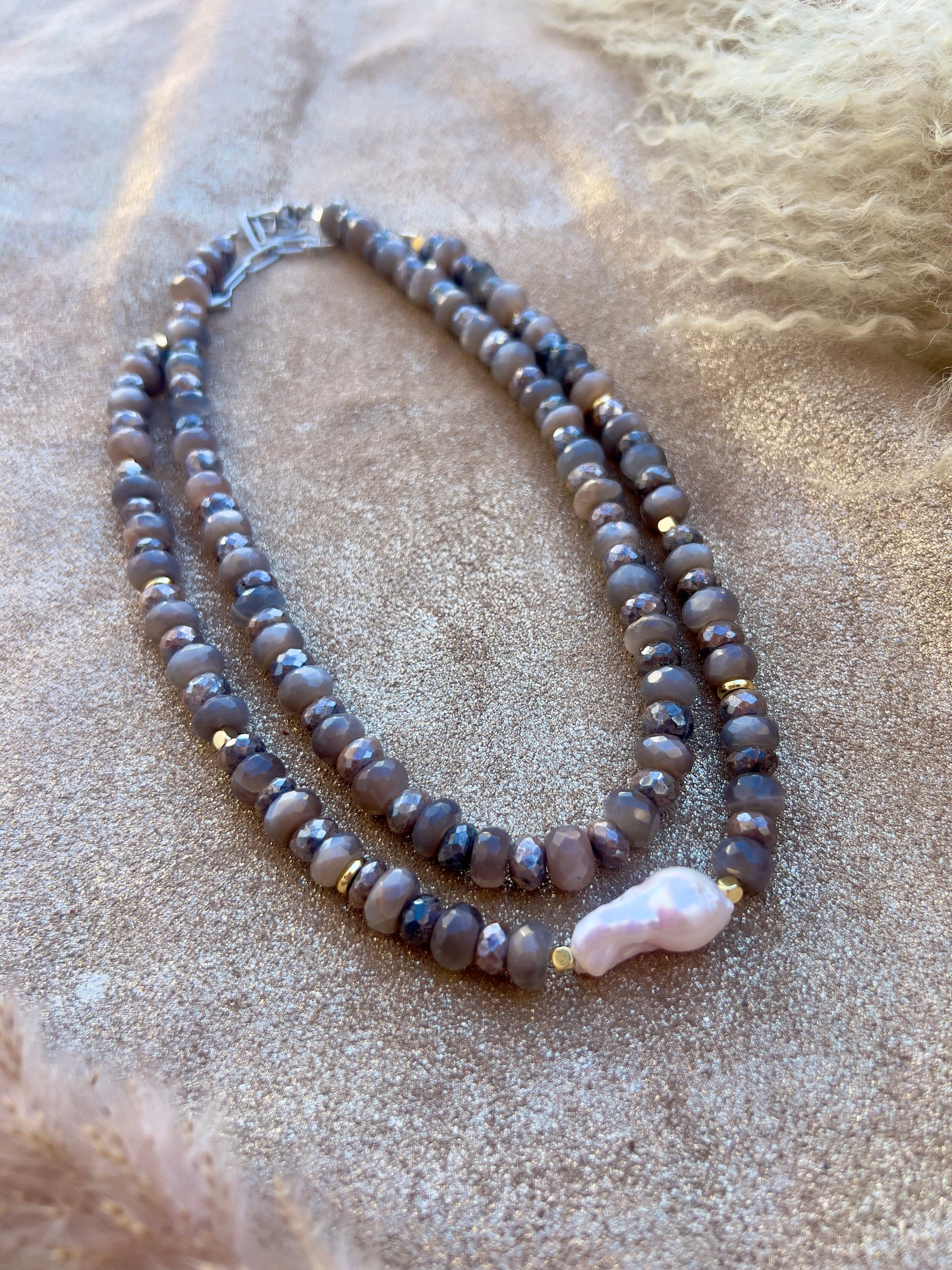 Brown Silverite & Moonstone and Baroque Pearl Necklace