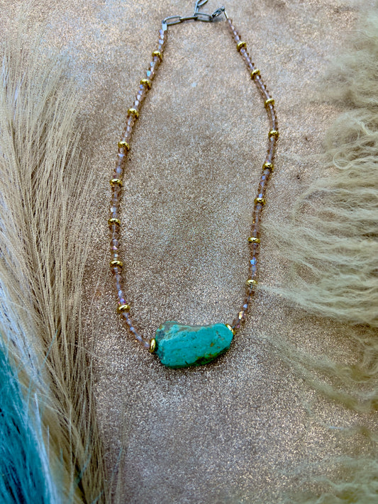 Kingman Turquoise and Champagne Crystal Necklace