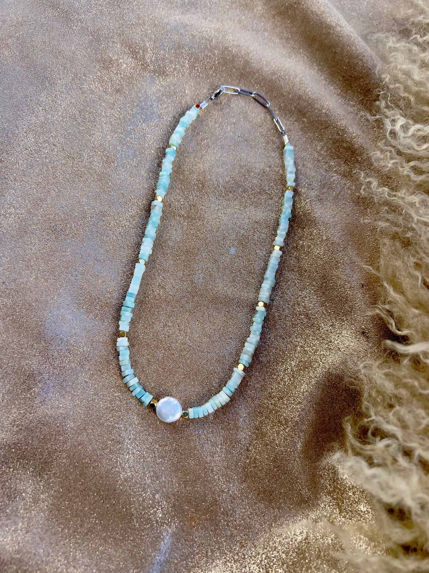 WHOLESALE - Amazonite, Coin Pearl and Gold Necklace