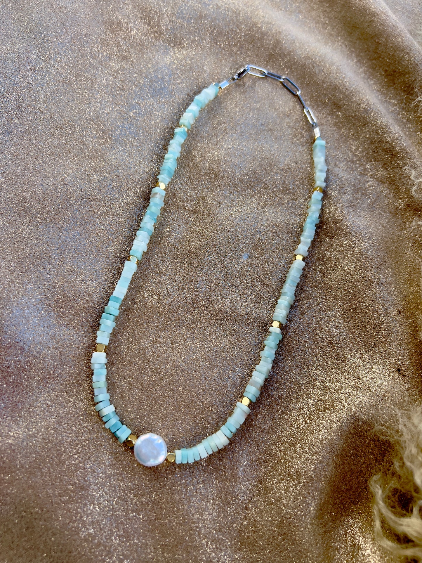 WHOLESALE - Amazonite, Coin Pearl and Gold Necklace