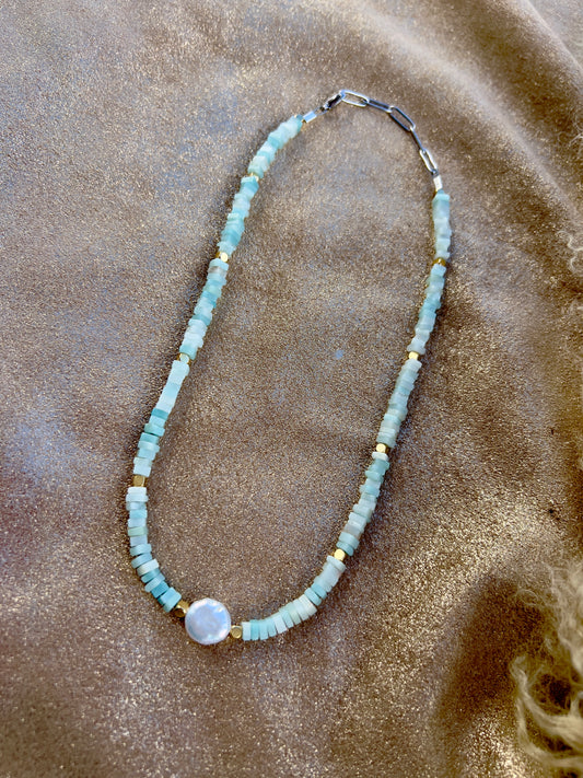 WHOLESALE - Amazonite, Coin Pearl and Gold Necklace