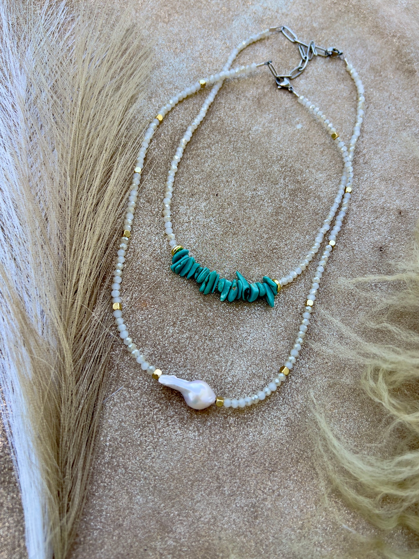 Turquoise, White and Gold Necklace