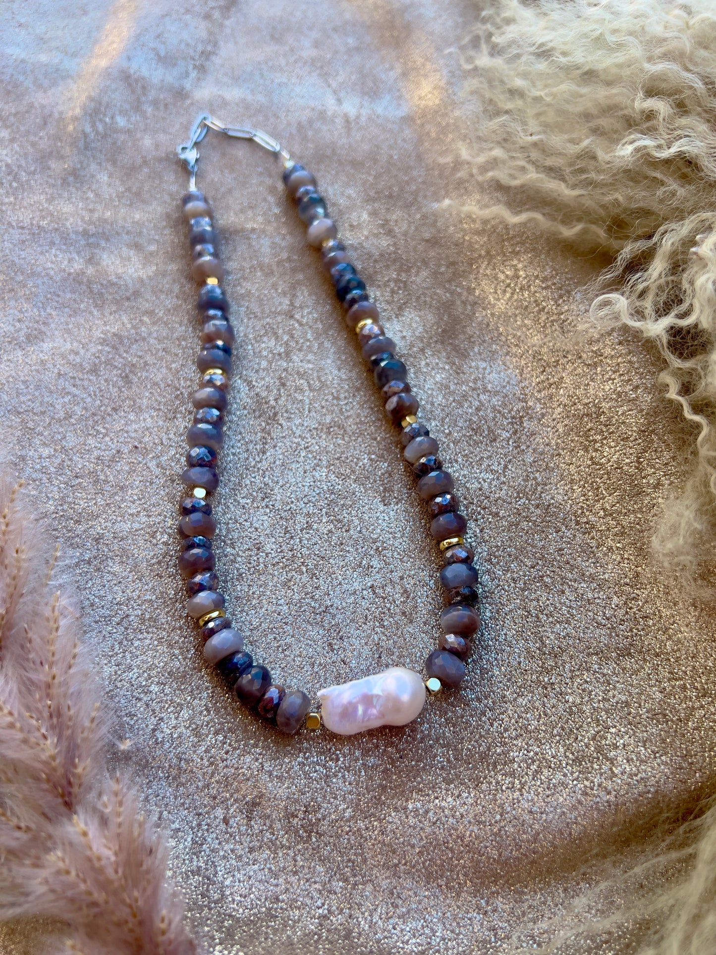 Brown Silverite & Moonstone and Baroque Pearl Necklace