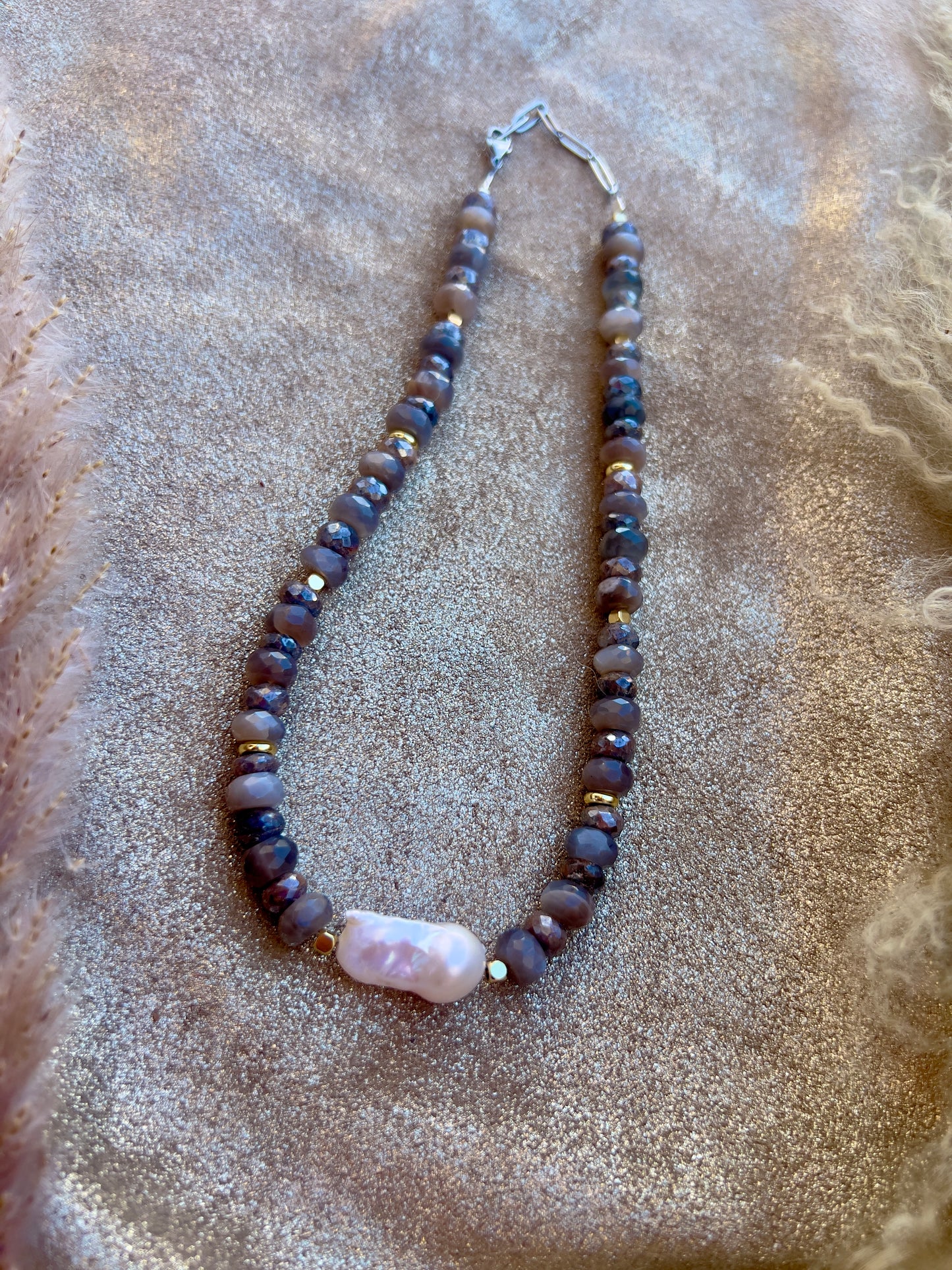 Brown Silverite & Moonstone and Baroque Pearl Necklace