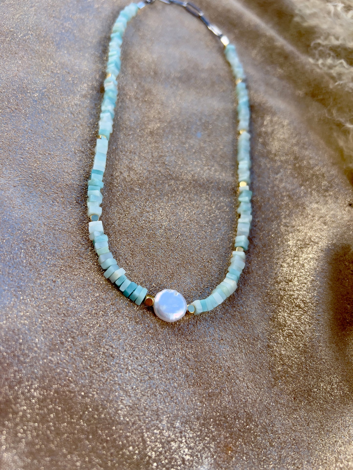WHOLESALE - Amazonite, Coin Pearl and Gold Necklace