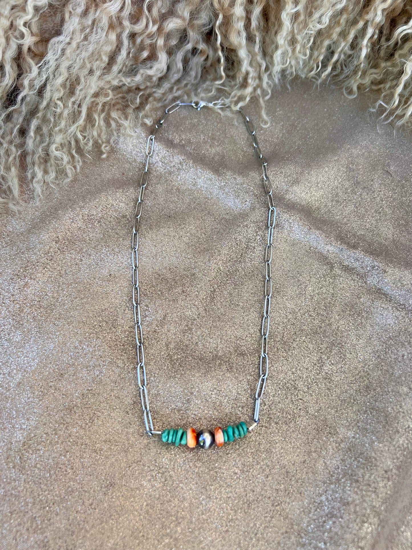 Turquoise and Spiny Oyster Beaded Bar Necklace