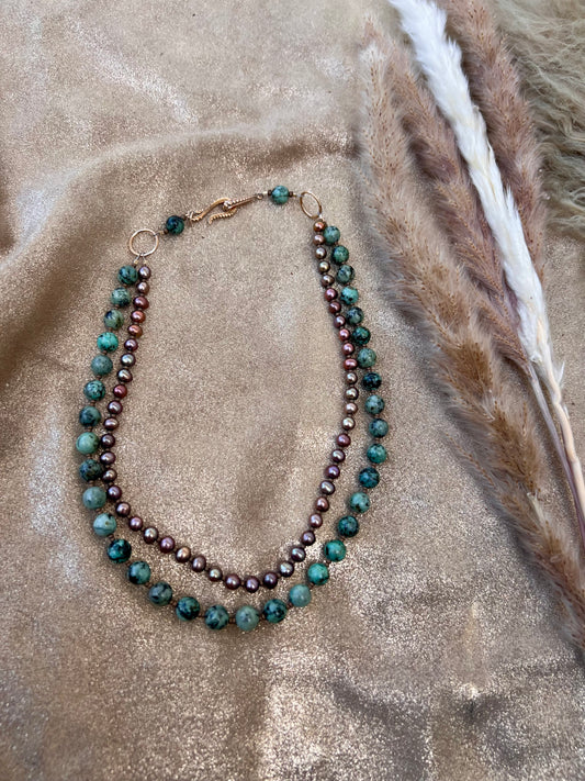 Two-Strand Turquoise and Pearl Necklace