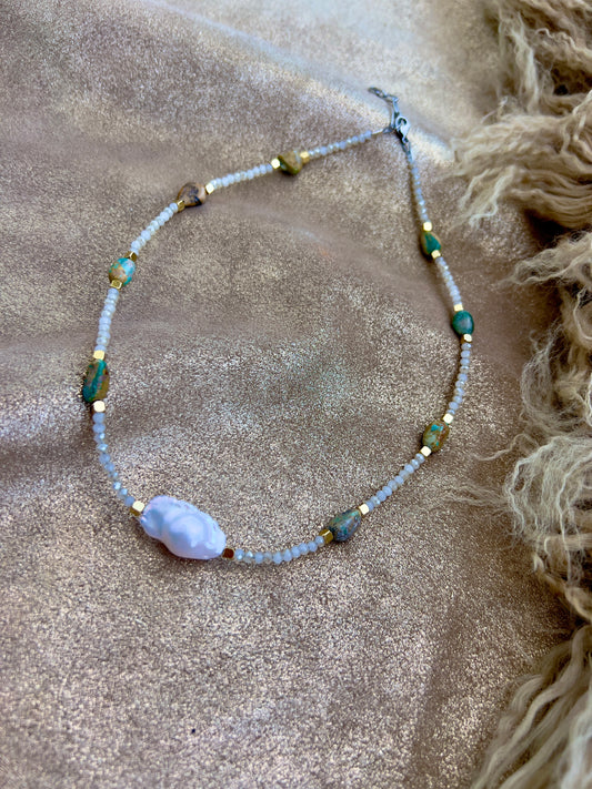Baroque pearl and turquoise necklace
