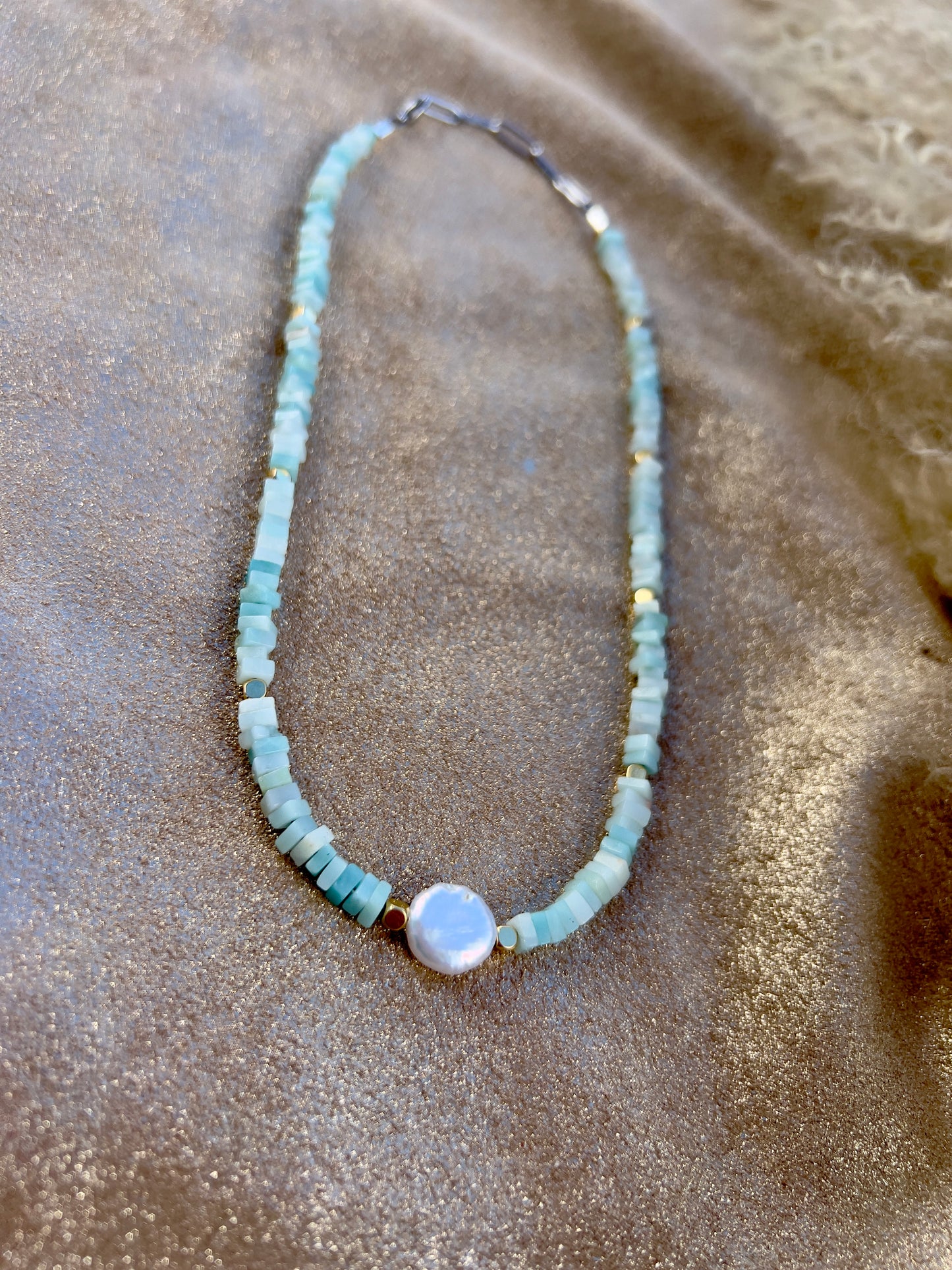 WHOLESALE - Amazonite, Coin Pearl and Gold Necklace